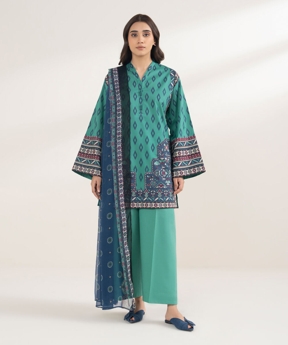 Women's Unstitched Cotton Printed Green 3 Piece Suit