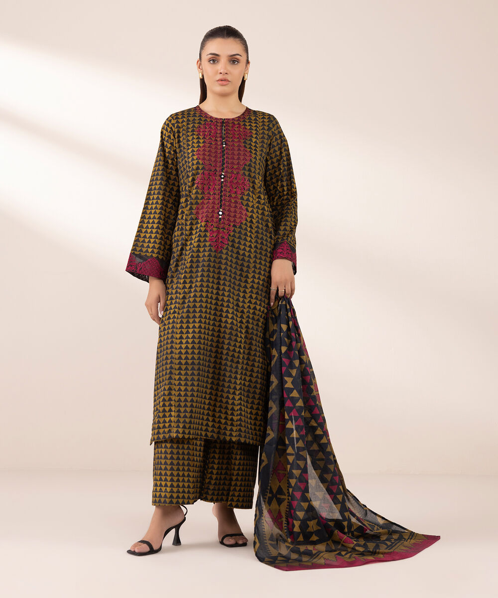 Women's RTW Lawn Brown Embroidered A-Line Shirt