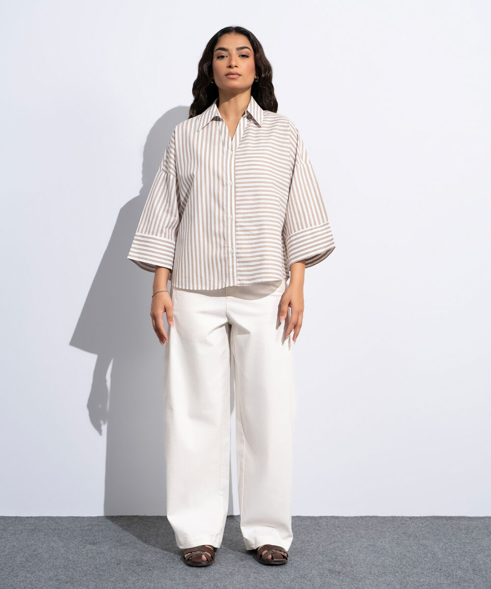 Women's Multi Striped Poplin V-Neck Shirt