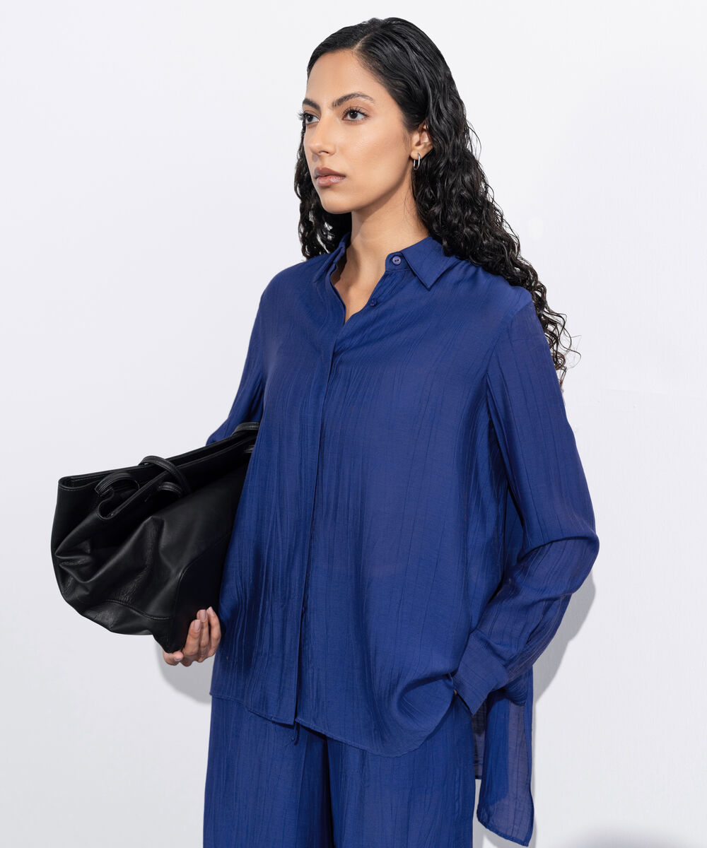 Women's Western Wear Blue Loose-Fit Textured Shirt