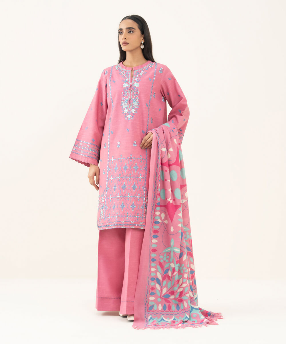 Women's Unstitched Embroidered Zari Khaddar Pink 3 Piece Suit