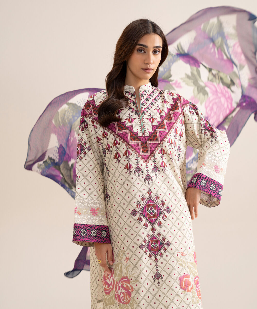 Women's Unstitched Zari Cotton Embroidered Off White  3 Piece Suit