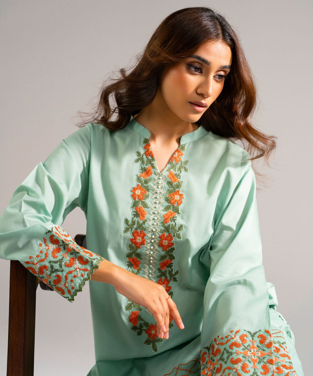 Women's RTW Slub Lawn Embroidered Green Straight Shirt