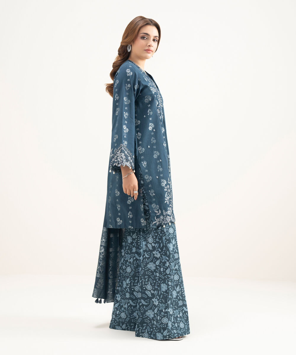 Women's Unstitched Extra Weft Jacquard Embroidered Blue 3 Piece Suit