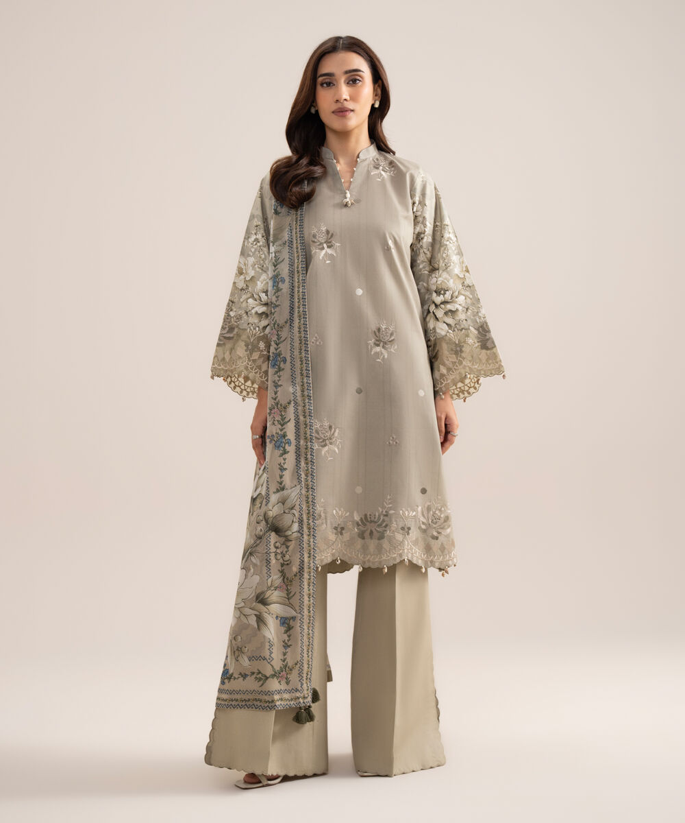 Women's Unstitched Lawn Embroidered Light Grey  3 Piece Suit