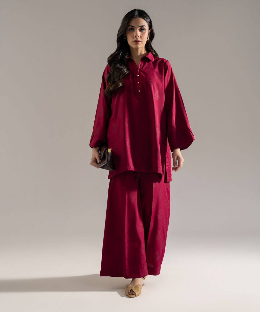 Women's RTW Poly Viscose Jacquard Solid Pink 2 Piece Suit