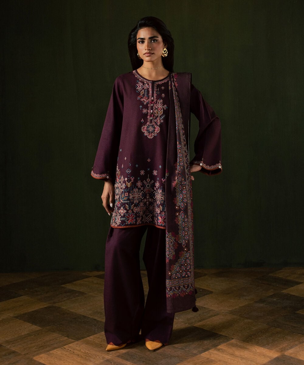Women's Unstitched Light Khaddar Embroidered Plum 3 Piece Suit
