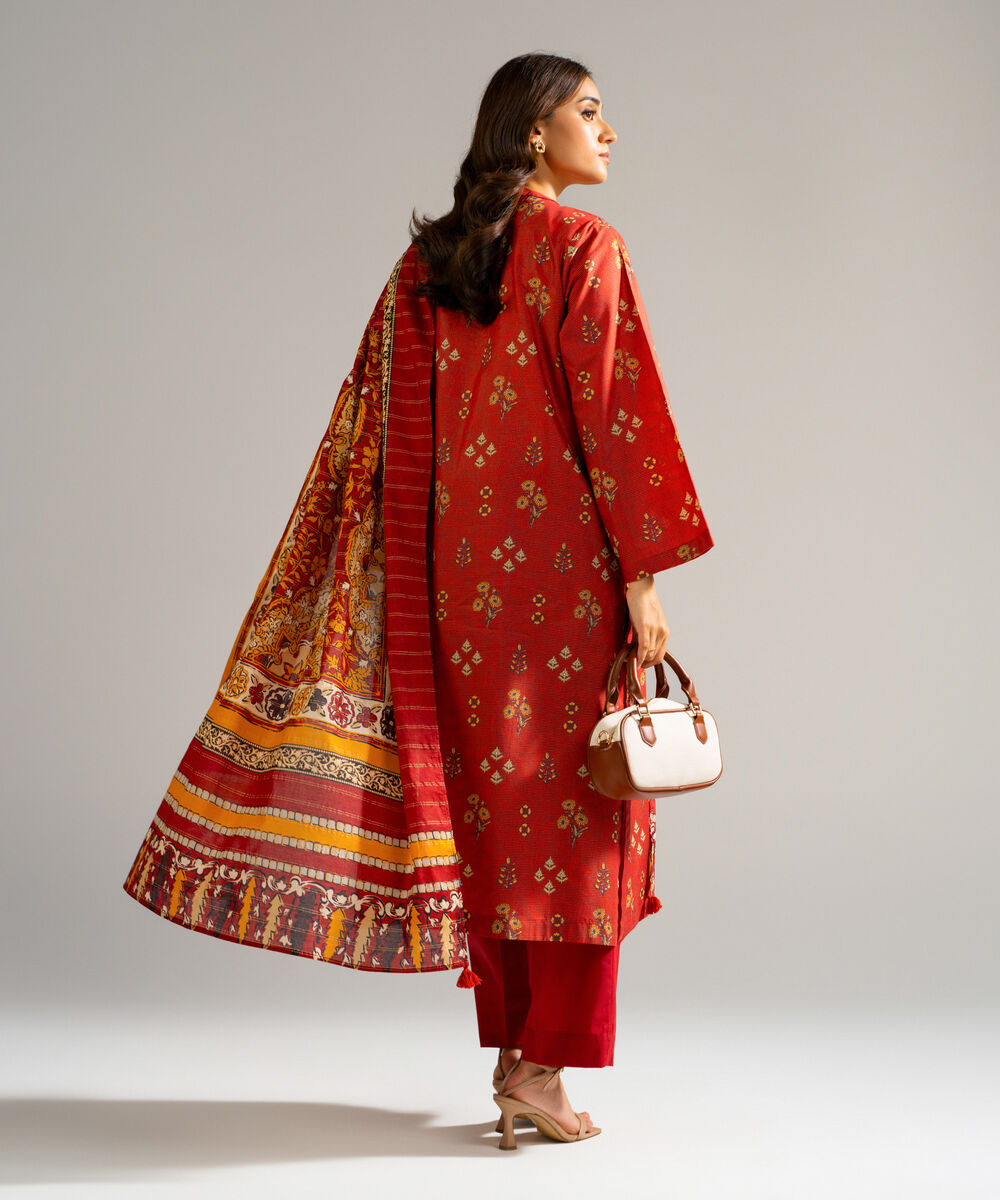 Women's RTW Zari Lawn Printed Orange 3 Piece Suit