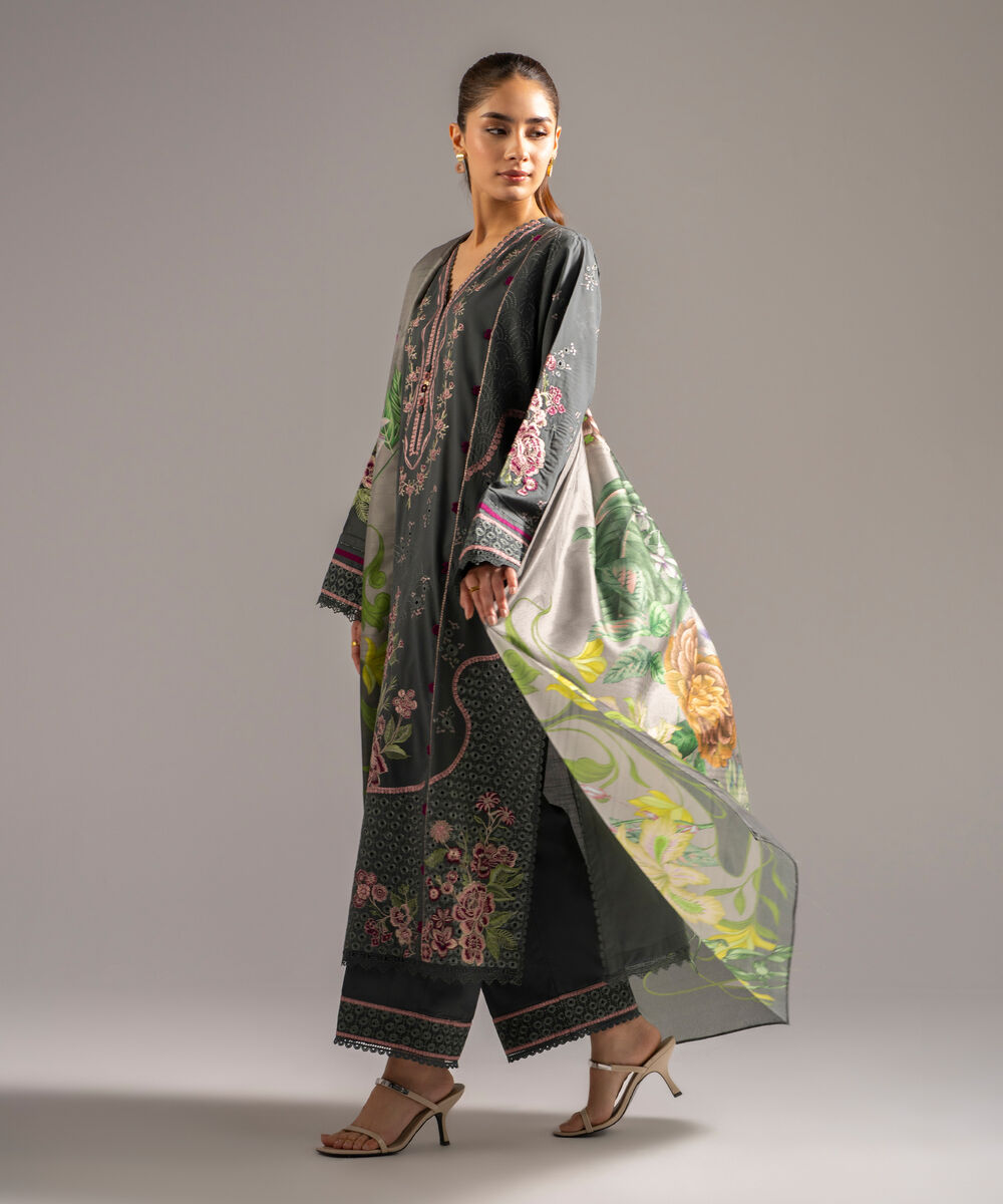 Women's RTW Slub Lawn Embroidered Dark Green 3 Piece Suit