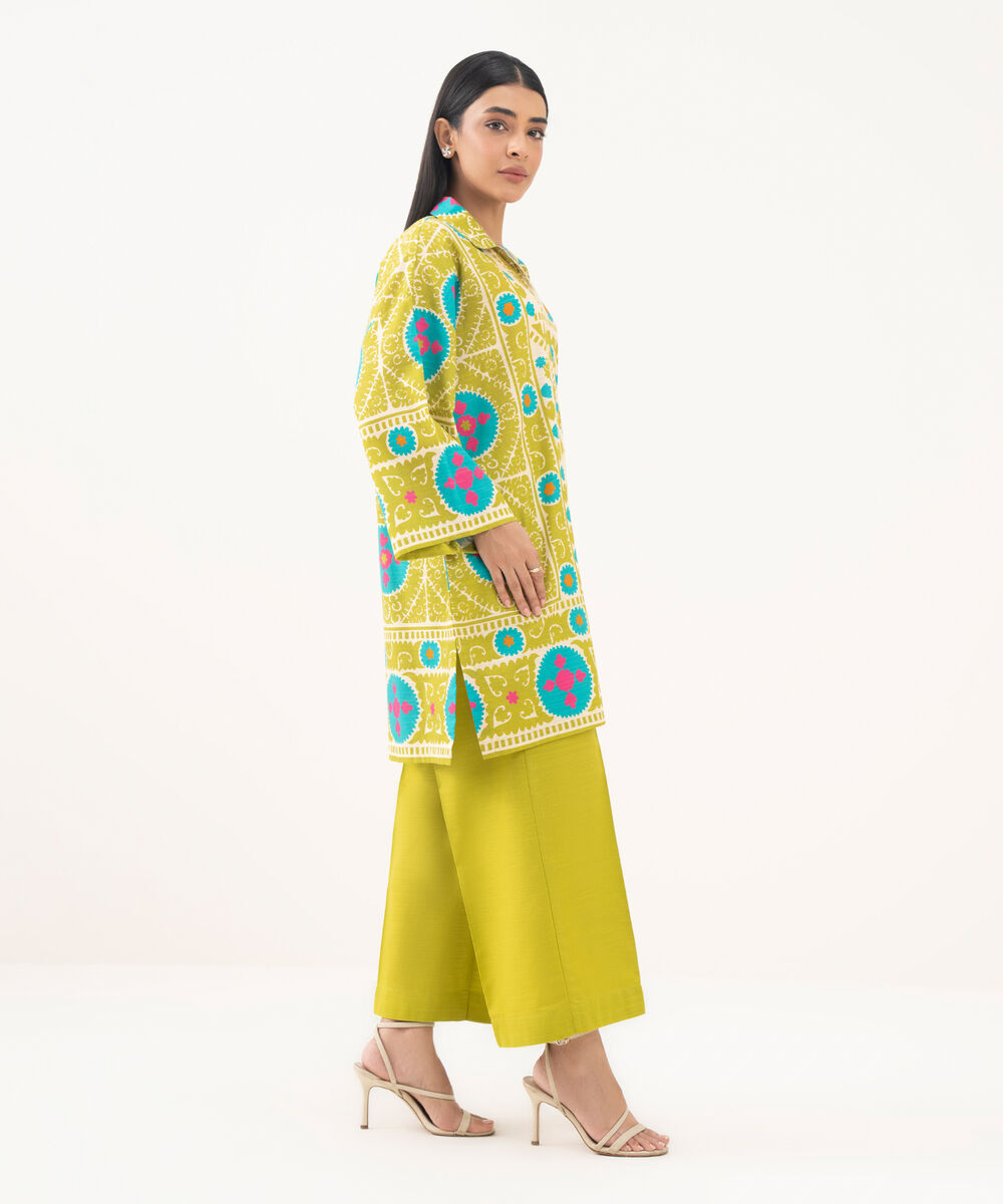 Women's RTW Light Khaddar Printed Green Drop Shoulder Shirt