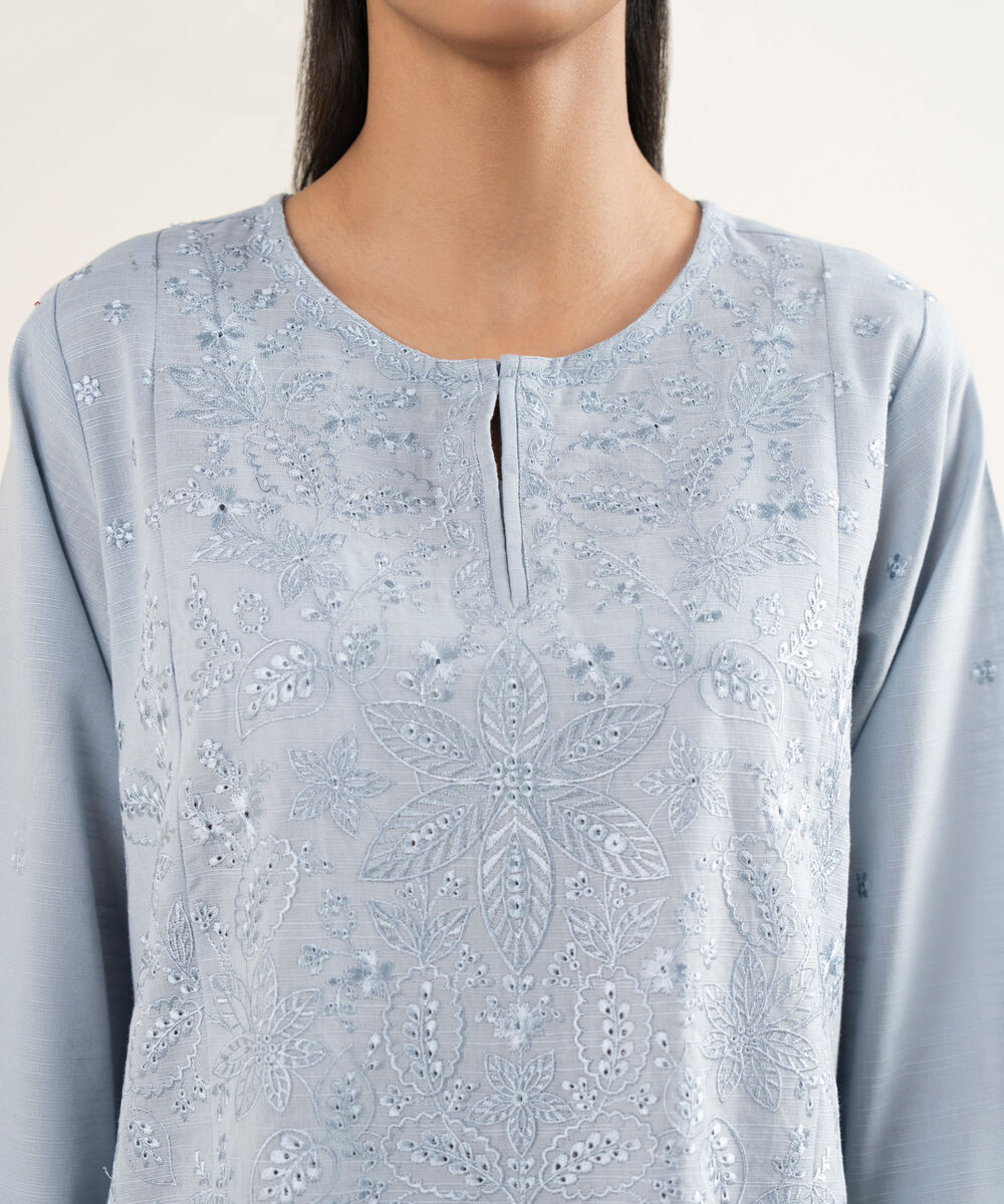 Women's RTW Light Khaddar Embroidered A-Line Ice Blue Shirt