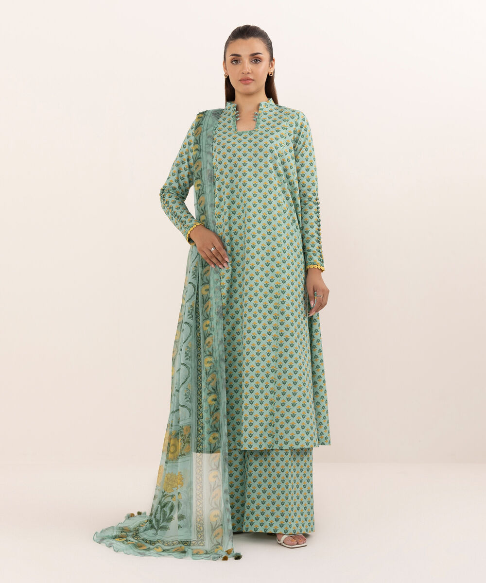 Women's Unstitched Cotton Printed Aqua Three Piece Suit