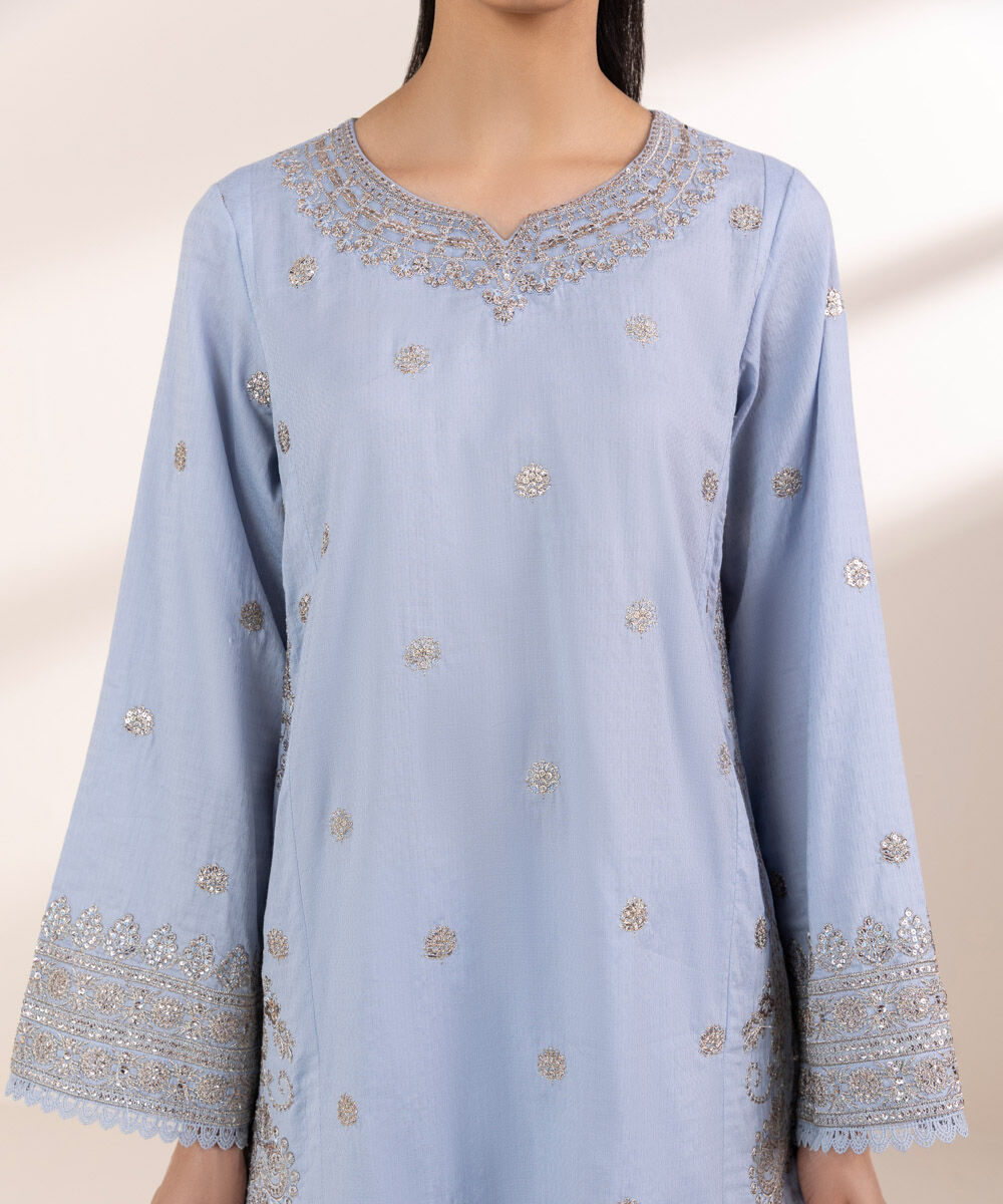 Women's RTW Dobby Blue Embroidered A-Line Shirt