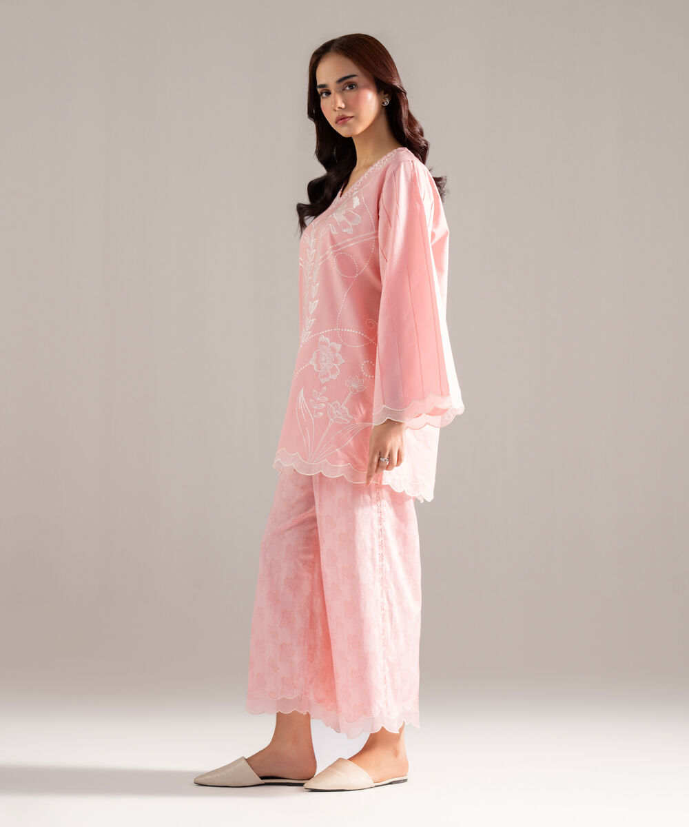 Women's RTW Dobby Solid Embroidered Pink Straight Shirt