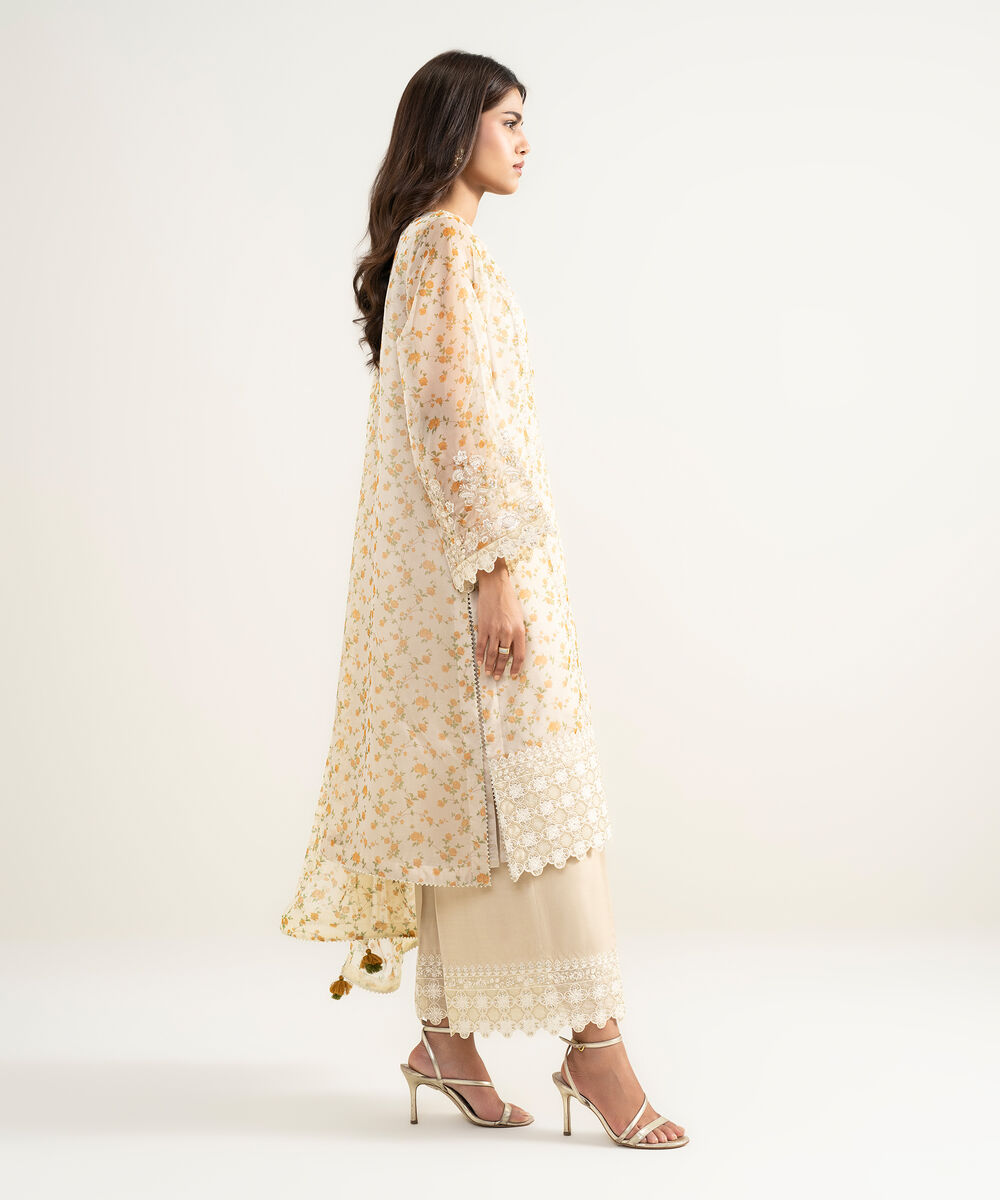 Women's RTW Blended Organza Embroidered Yellow 3 Piece Suit