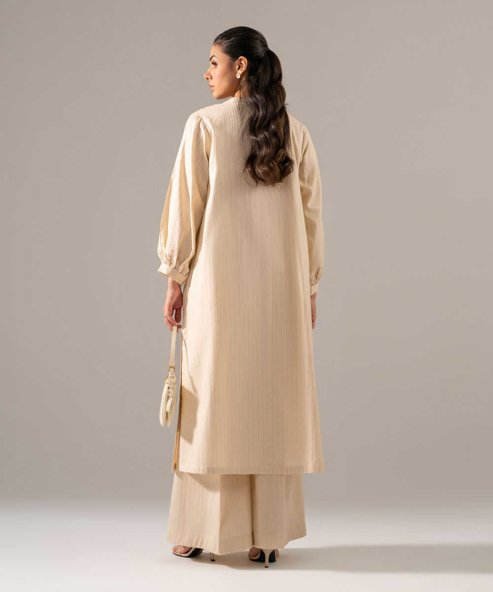 Women's RTW Dobby Strip Solid Off White 2 Piece Suit
