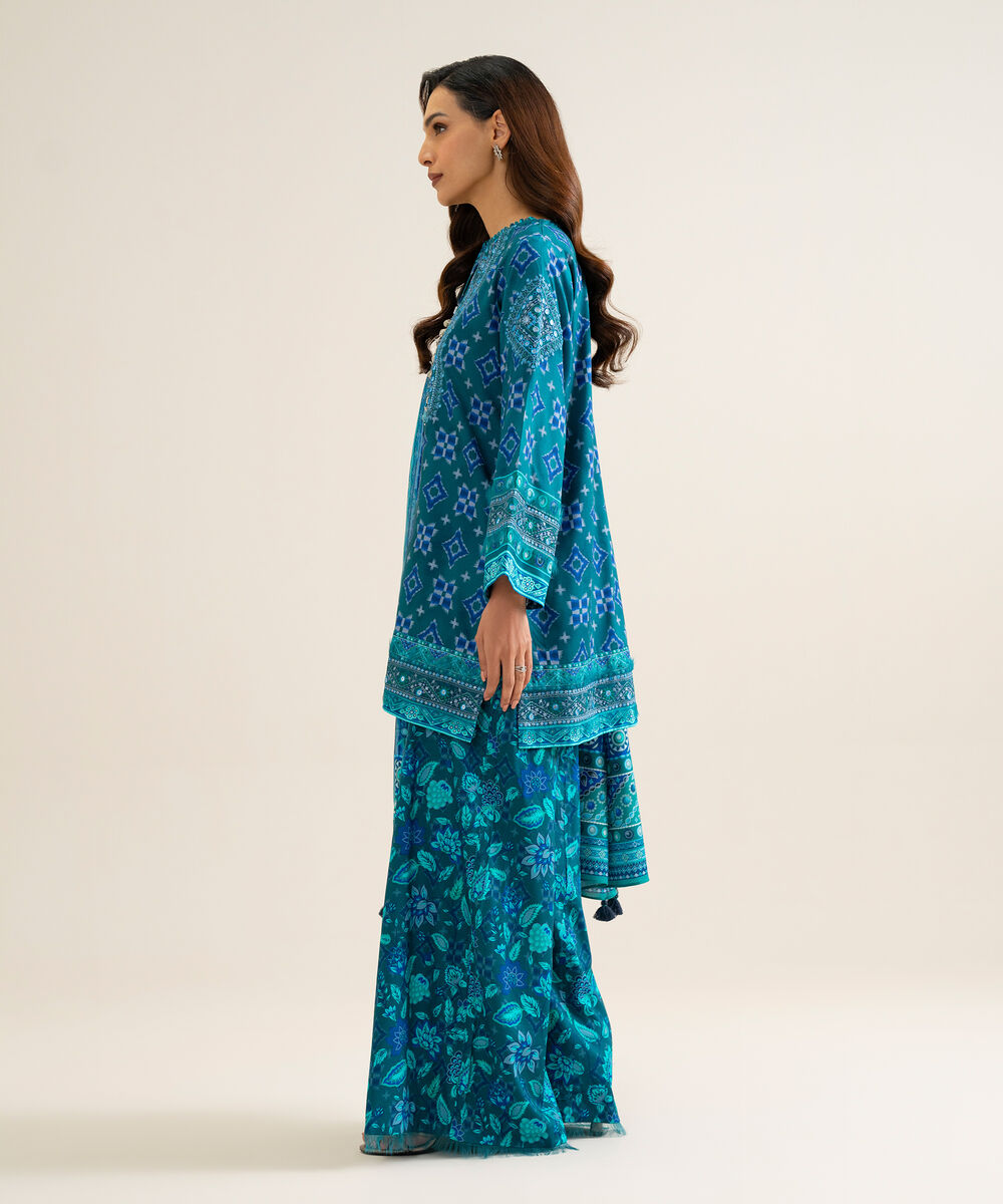 Women's Unstitched Linen Printed Blue 3 Piece Suit