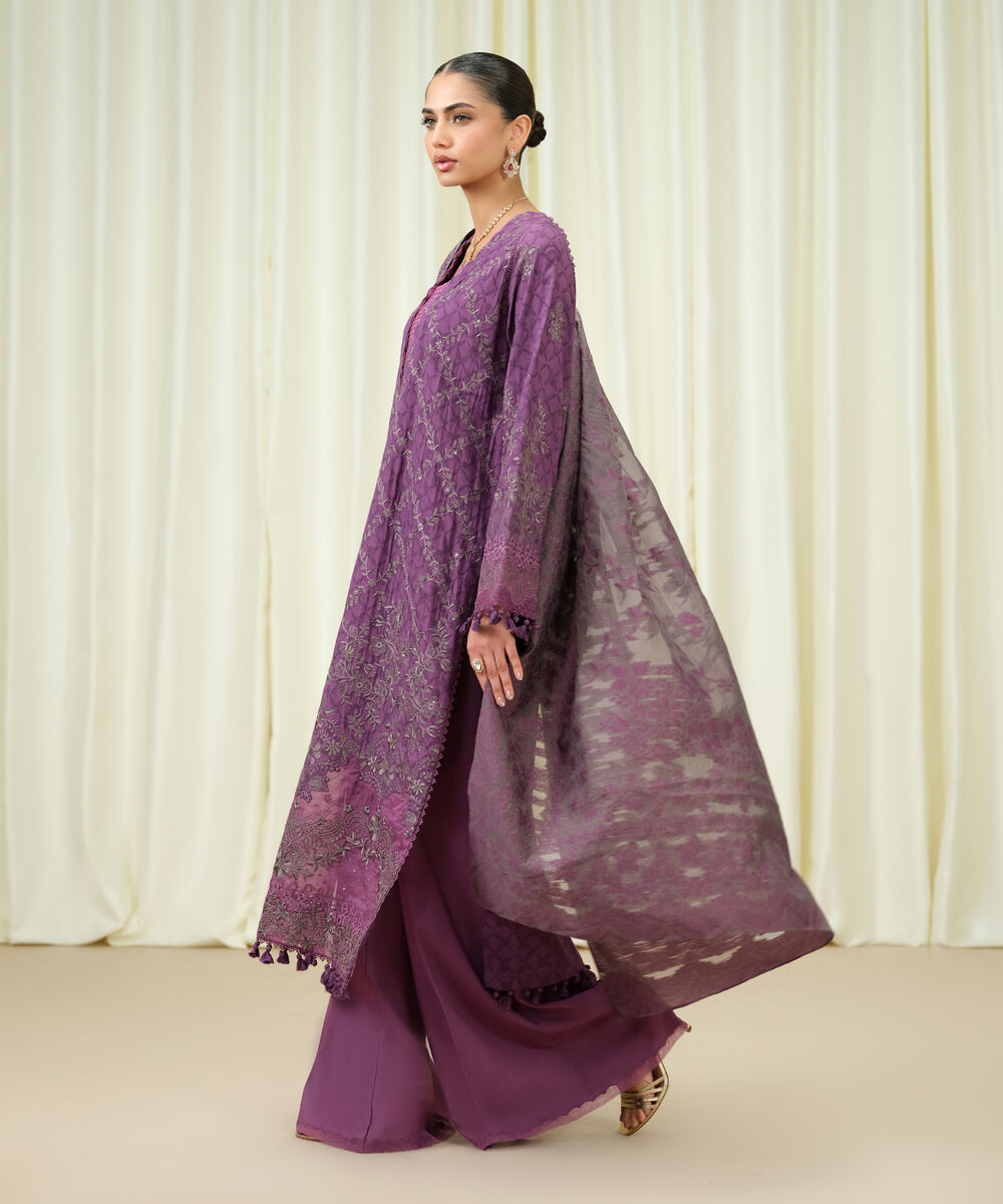 Women's Unstitched Linen Jacquard Embroidered Purple 3 Piece Suit