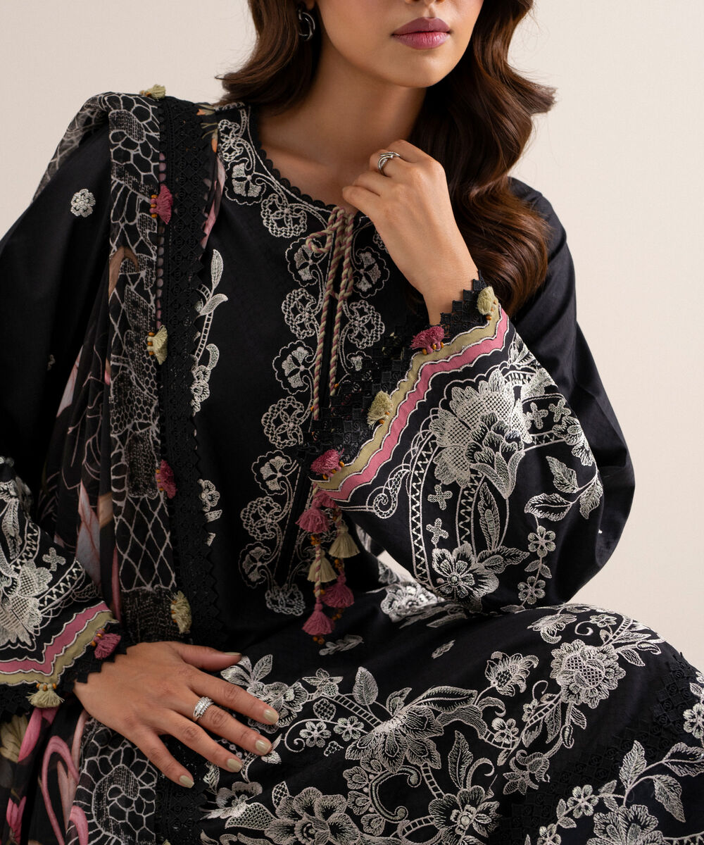 Women's Unstitched Embroidered Dobby Black 3 Piece Suit