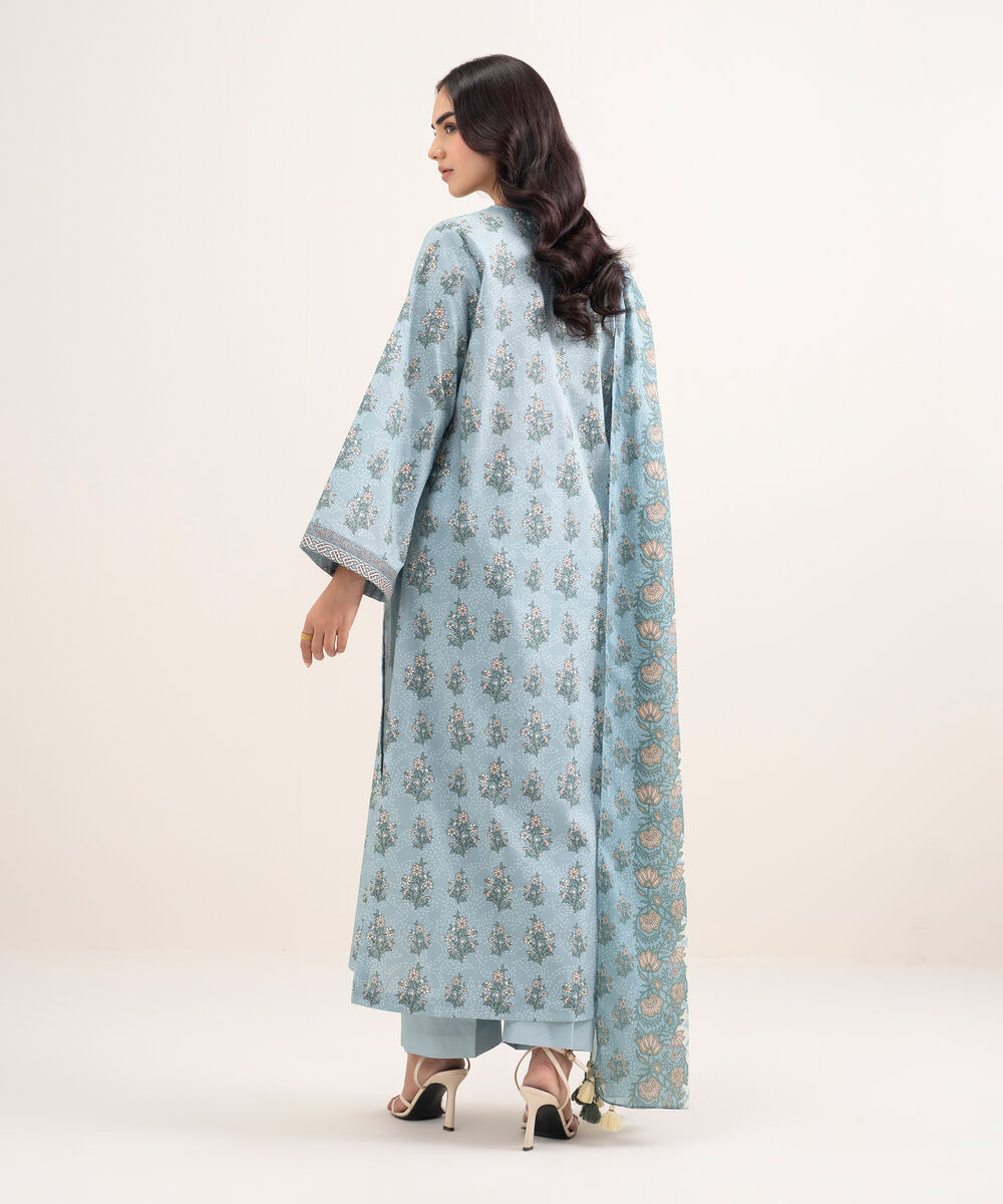 Women's Unstitched Lawn Printed Blue 3 Piece Suit