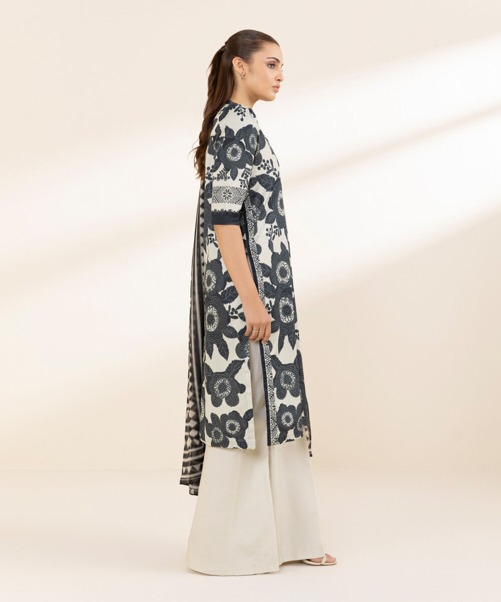 Unstitched Women's Printed Lawn Black Three Piece Suit