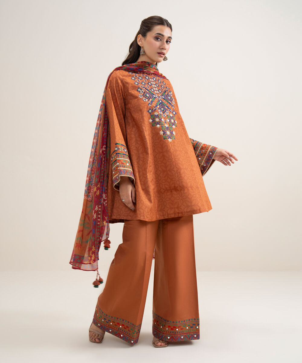 Women's Unstitched Lawn Embroidered Mustard 3 Piece Suit