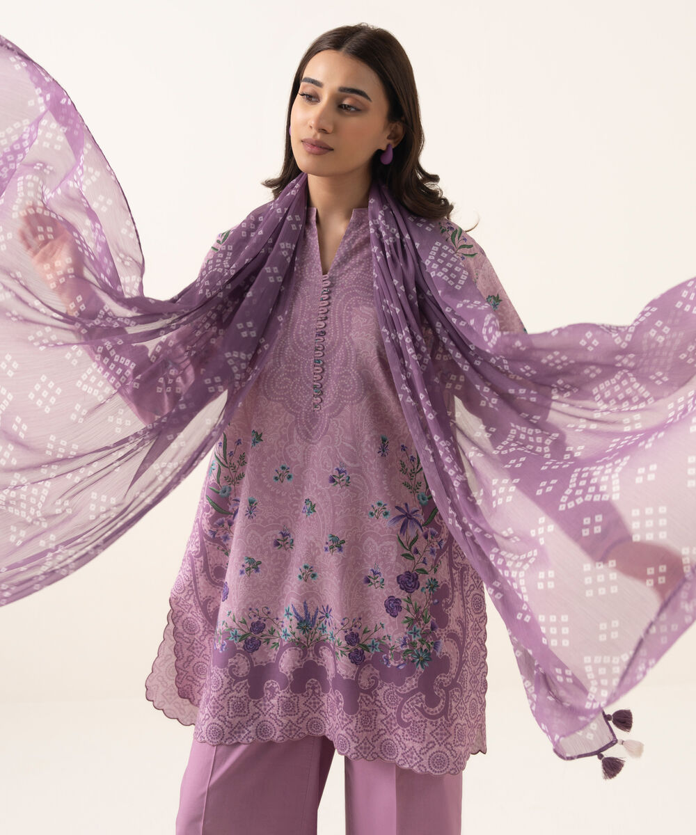 Women's Unstitched Lawn Printed Purple 3 Piece Suit