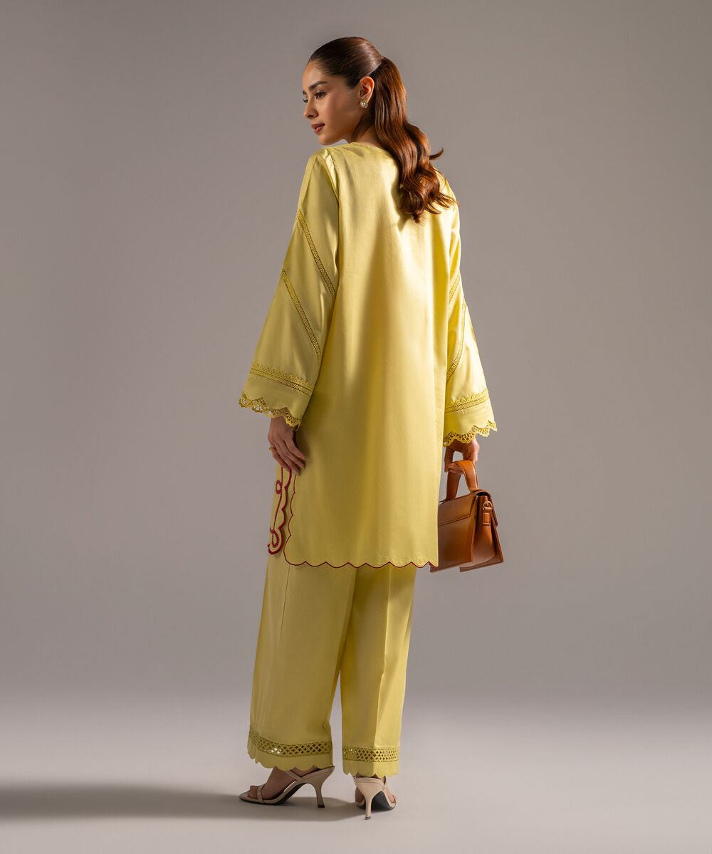 Women's RTW Cotton Satin Embroidered Lime Yellow 2 Piece Suit