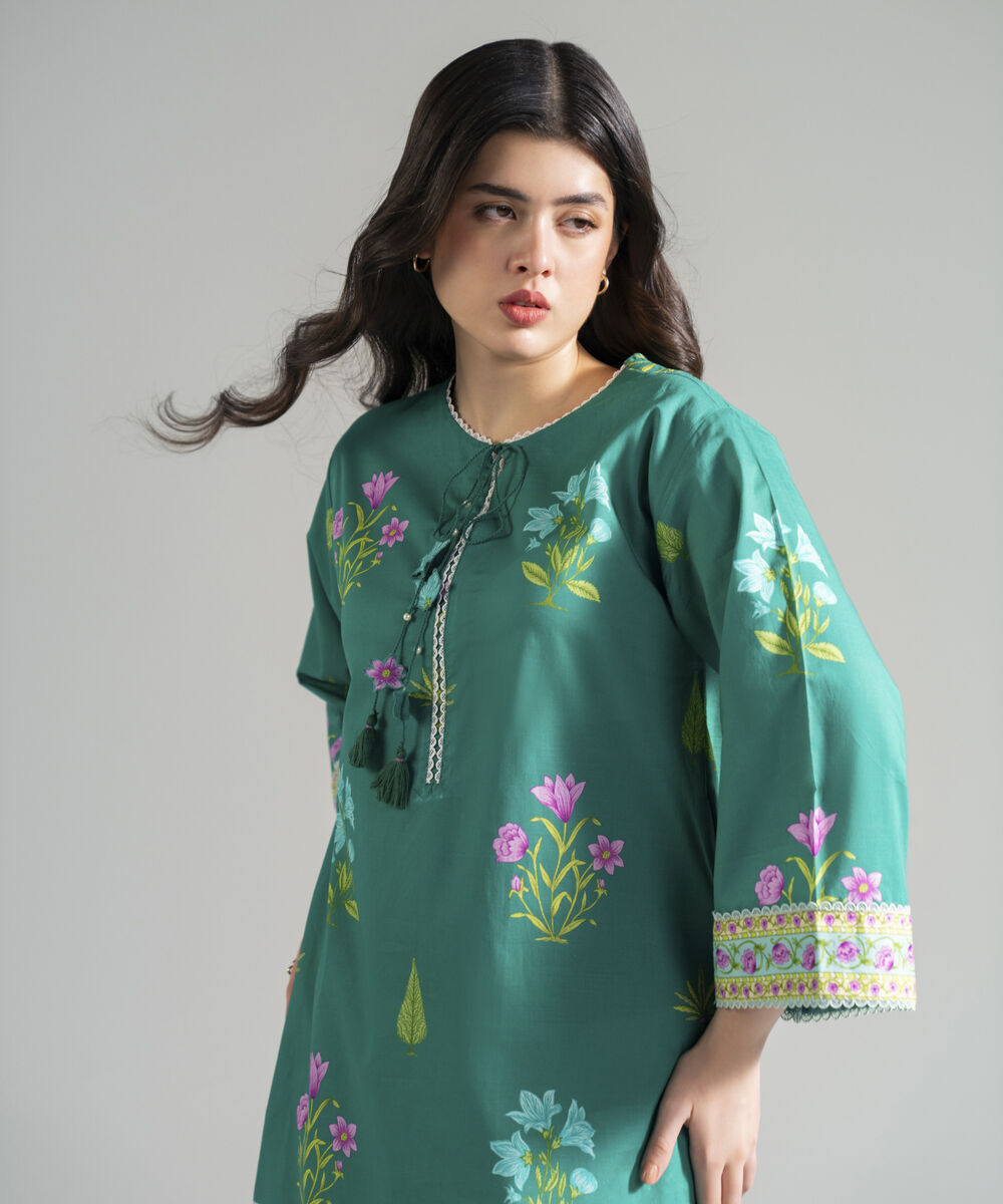 Women's RTW Slub Lawn Printed Green Drop Shoulder Shirt