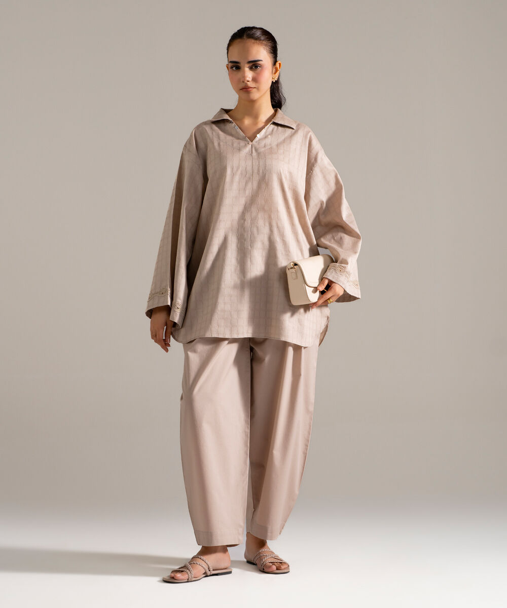 Women's RTW Dobby Printed Grey Drop Shoulder Shirt