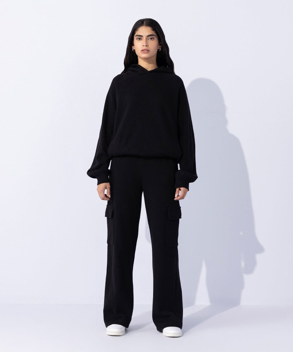 Woman - Black Raised Ribbed Cargo Joggers