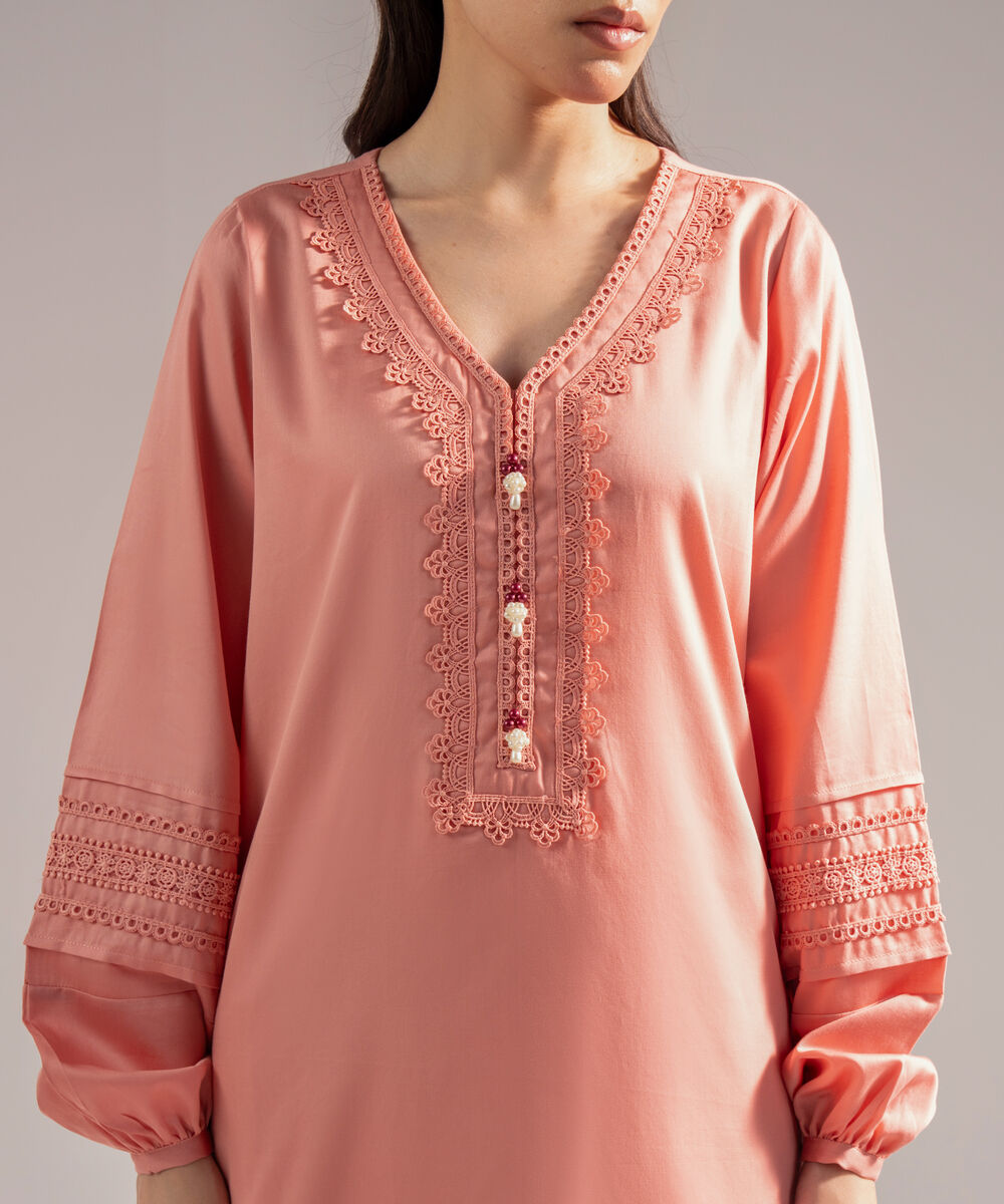 Women's RTW Cotton Satin Embroidered Peach 2 Piece Suit