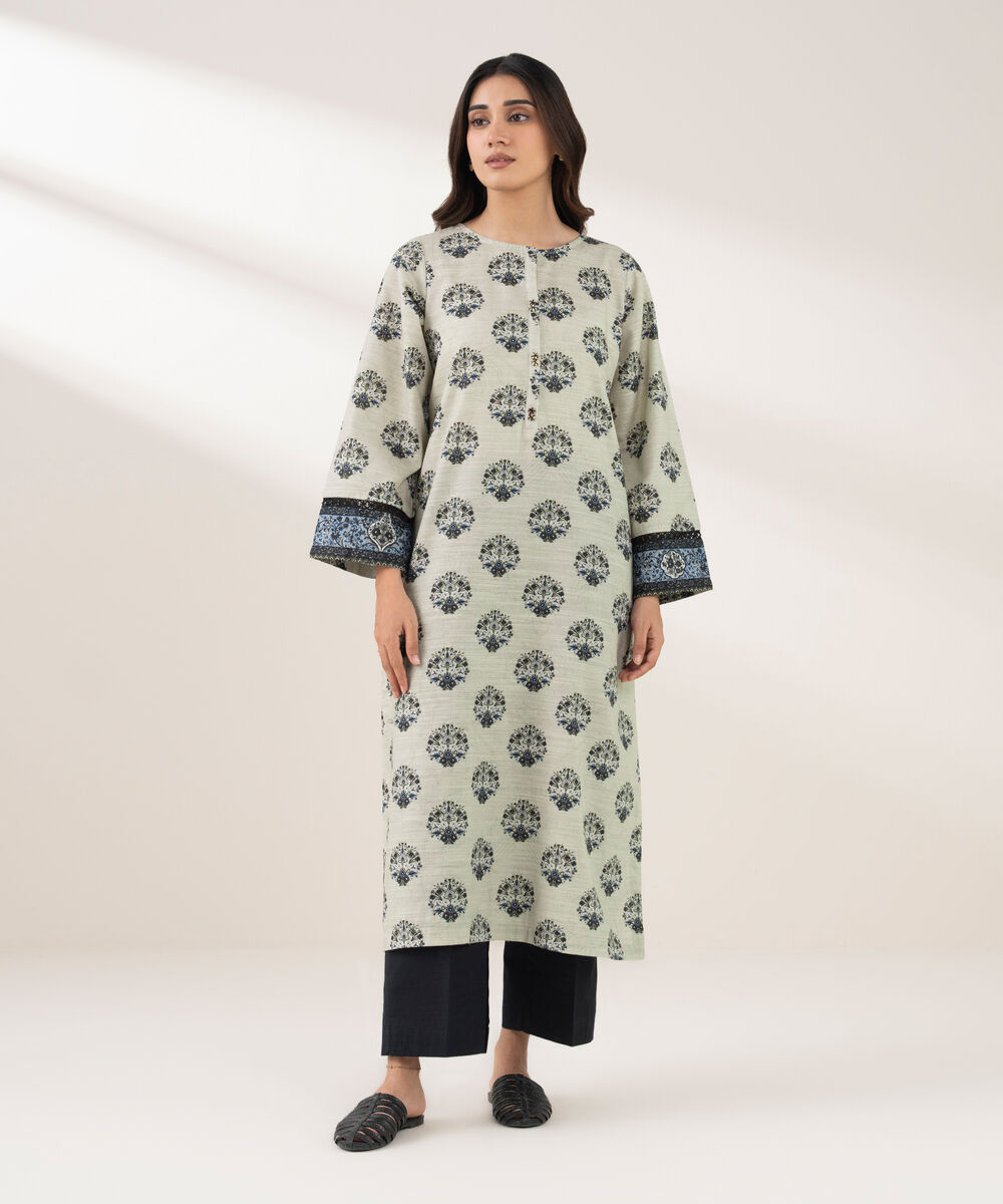 Women's RTW Khaddar Printed Straight Grey Shirt