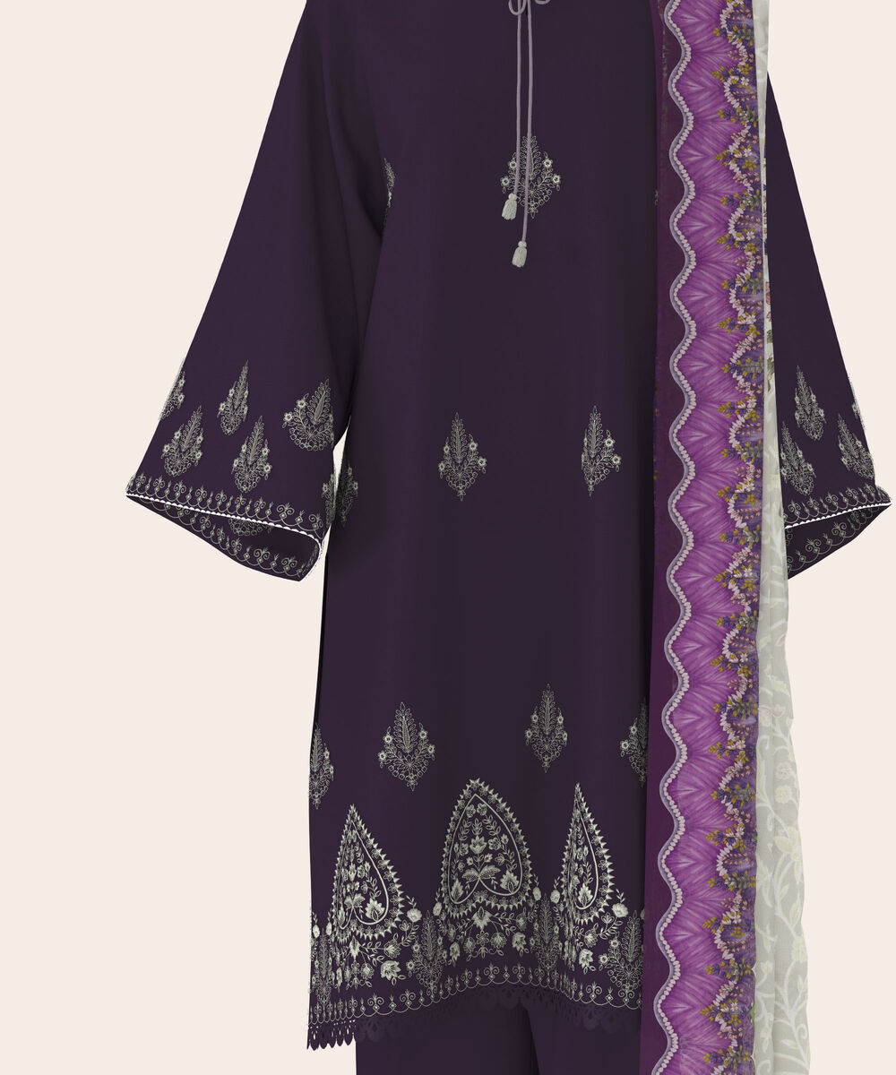 Women's Unstitched Lawn Dark Purple  Embroidered 3 Piece Suit