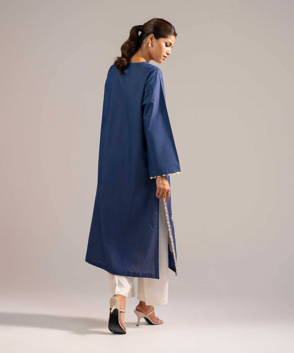 Women's RTW Zari Lawn Embroidered Dark Blue A-Line Shirt