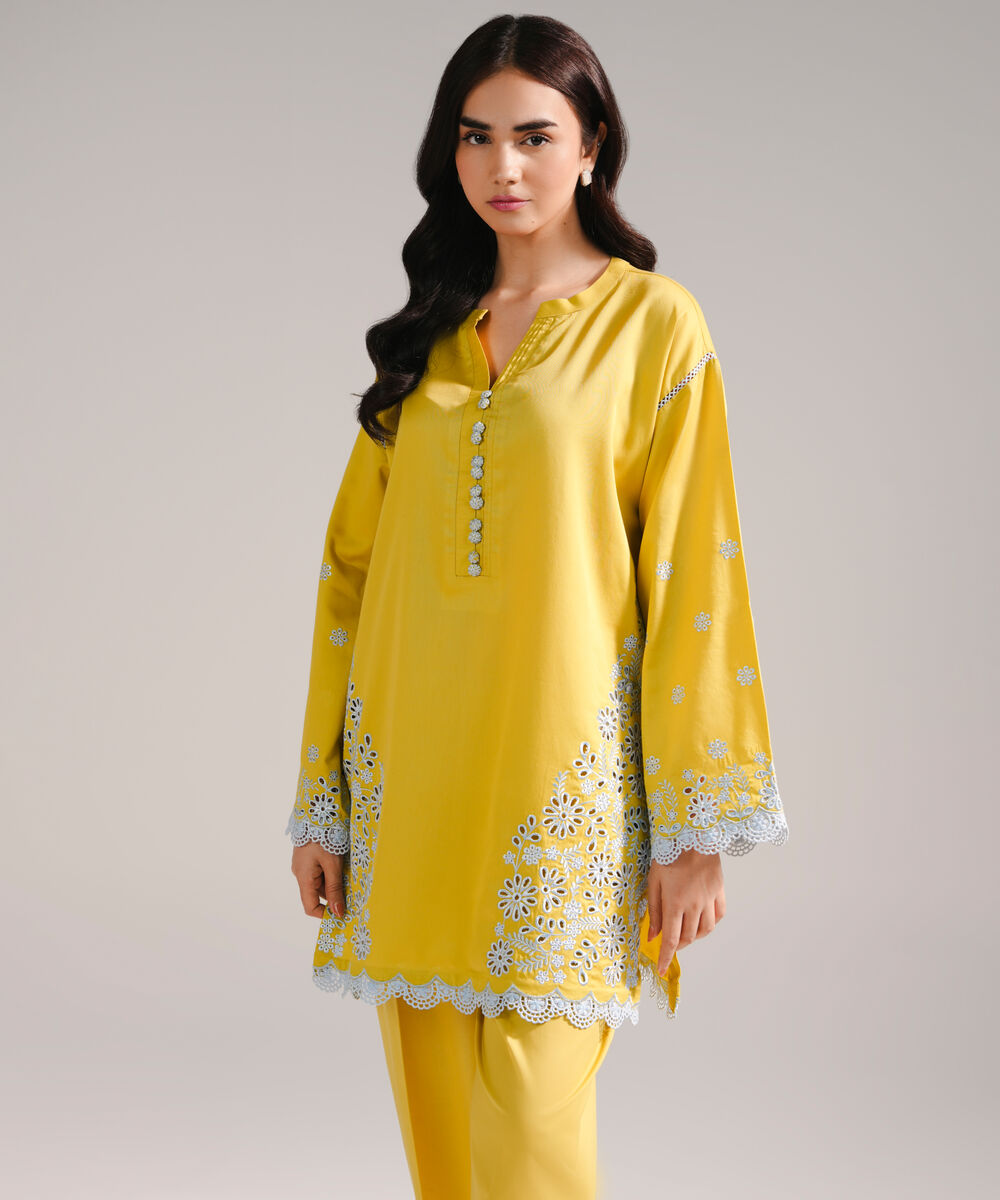 Women's RTW Cotton Satin Embroidered Yellow Straight Shirt