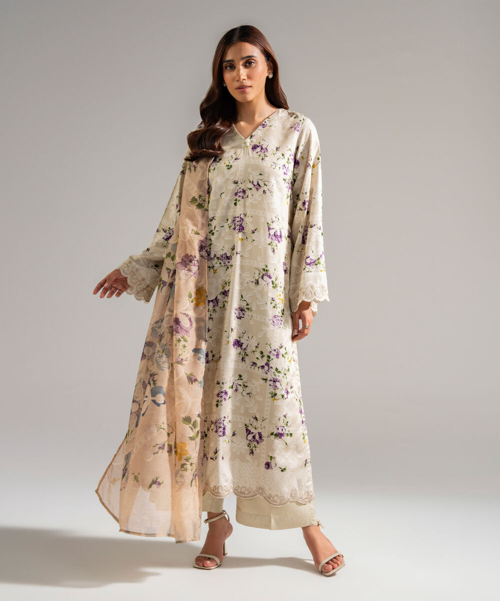 Women's RTW Self Jacquard Embroidered White 3 Piece Suit