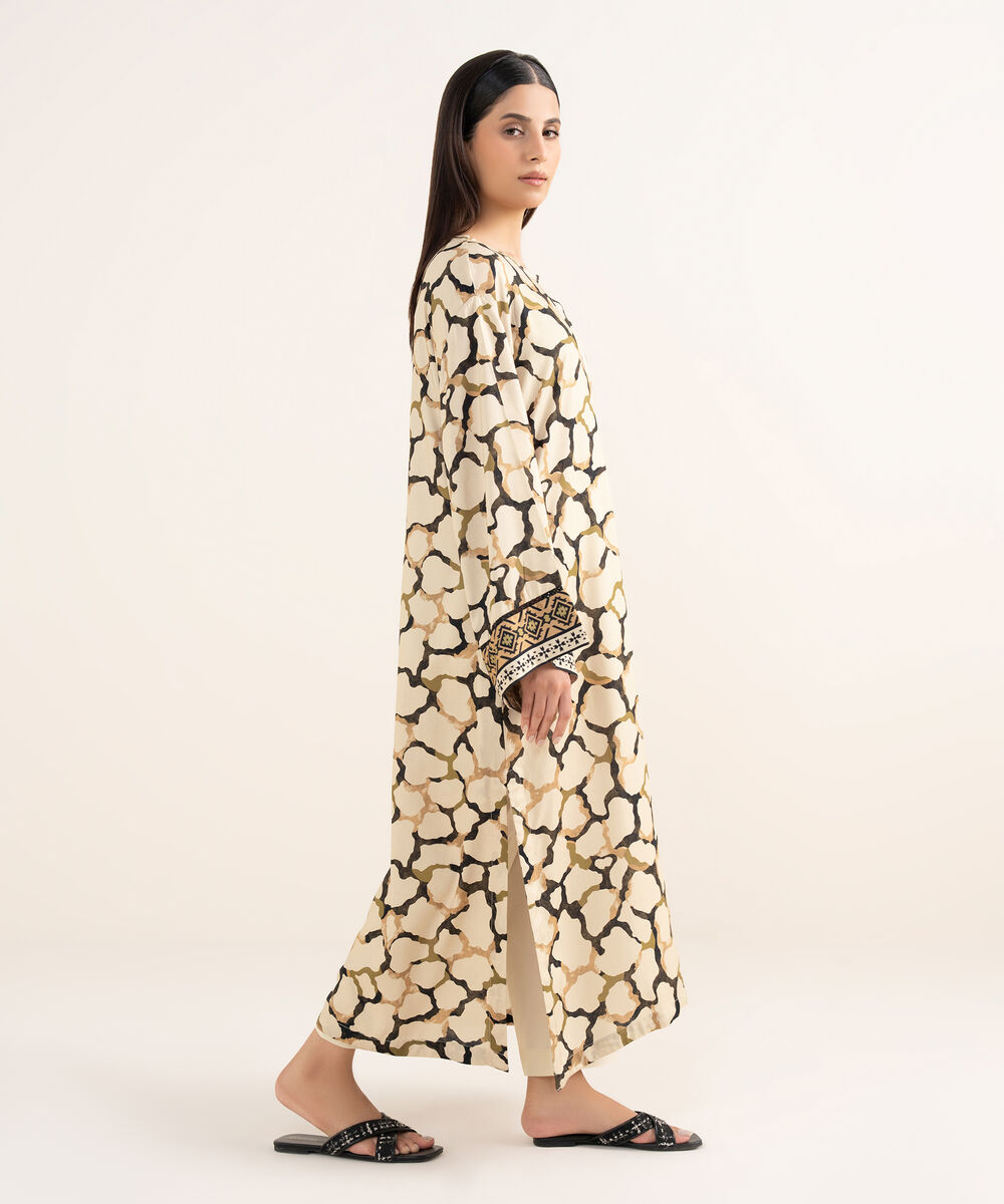 Women's RTW Arabic Lawn Beige Printed Drop Shoulder Shirt