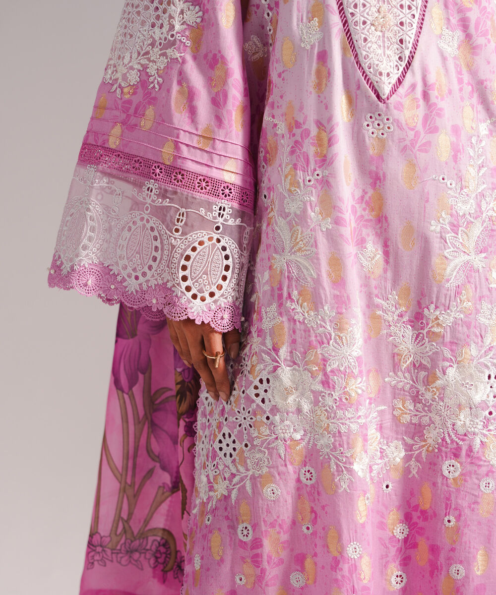 Women's RTW Self Jacquard Embroidered Pink 3 Piece Suit