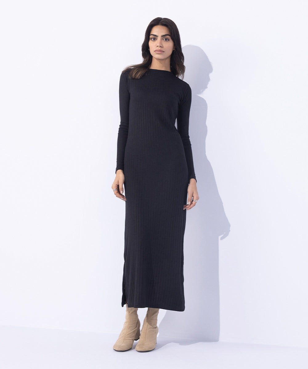 Woman - Black Jersey Ribbed Dress