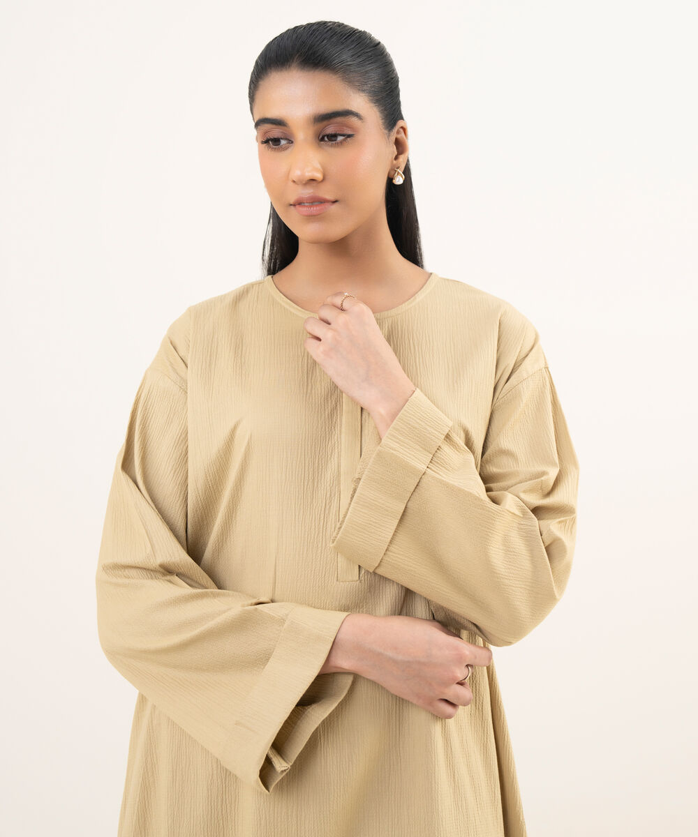 Women's RTW Seersucker Beige Solid Straight Shirt