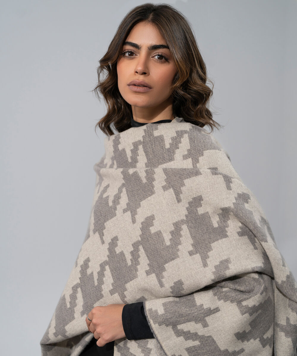 Women's Western Wear Beige Polyester Houndstooth Cape Shawl