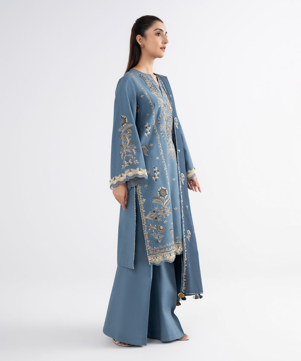 Women's Unstitched Dobby Embroidered Grey 3 Piece Suit