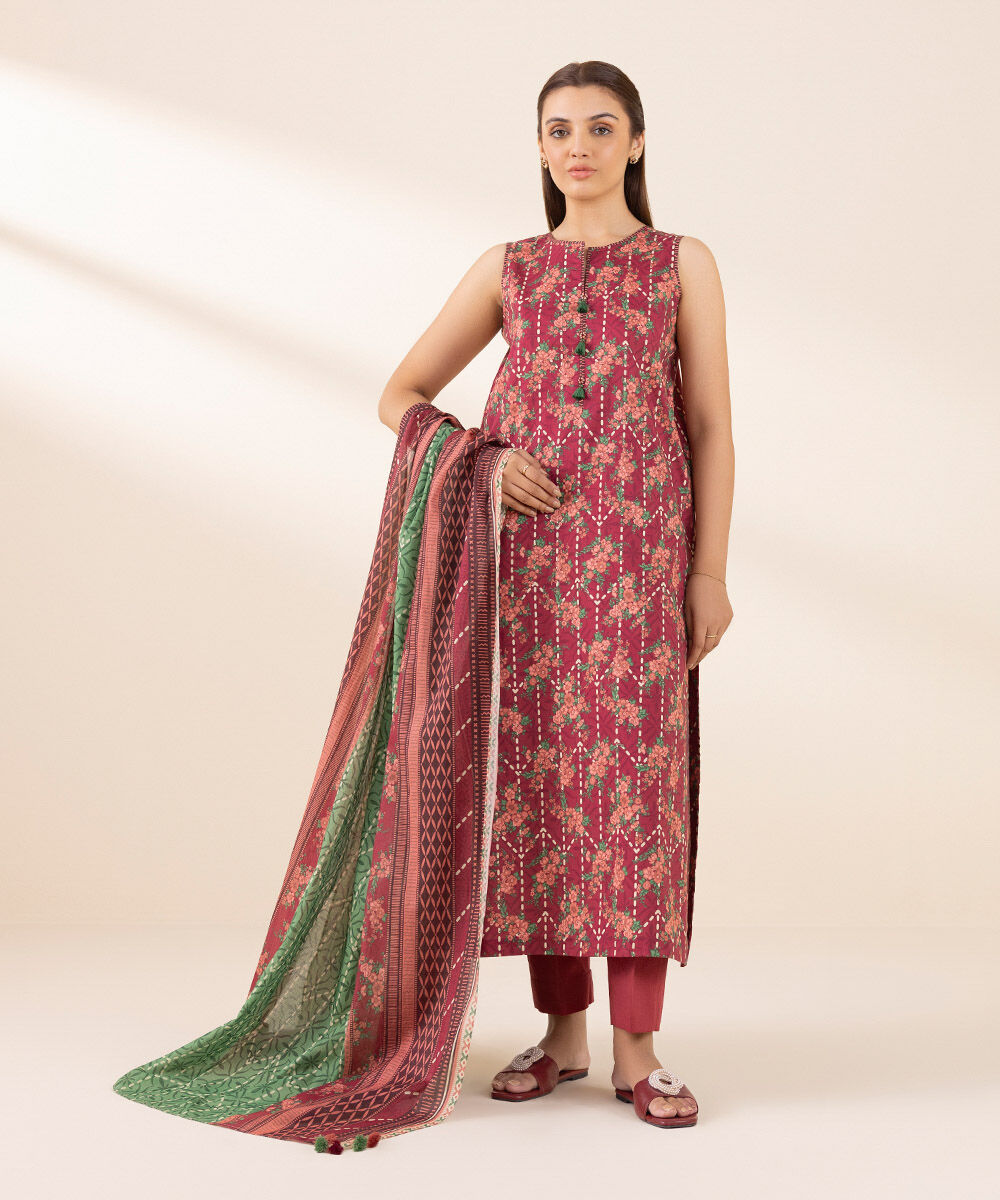 Unstitched Women's Red Lawn Printed Shirt Dupatta