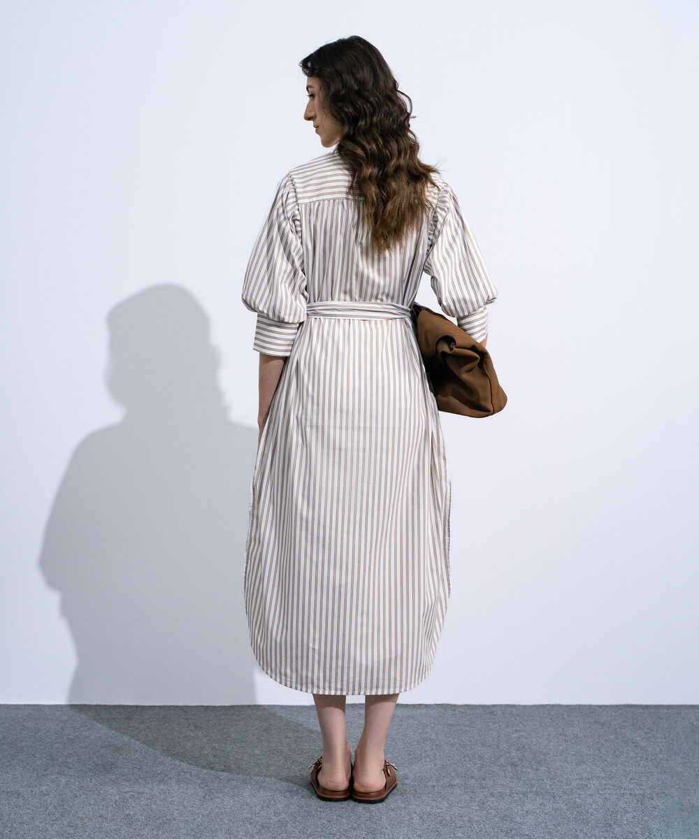 Women's Multi Striped Poplin Dress With Puffed Sleeves