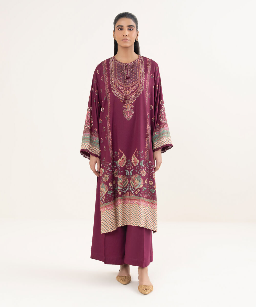 Women's RTW Viscose Linen Printed Purple Drop Shoulder Shirt