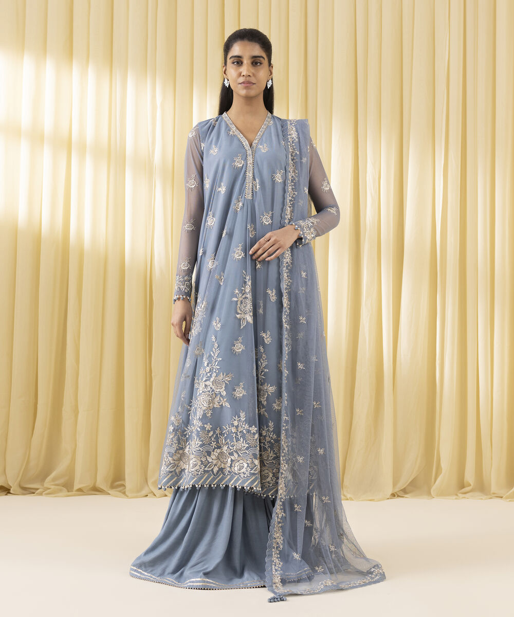 Unstitched Women's Blue Blended Net 3 Piece Suit