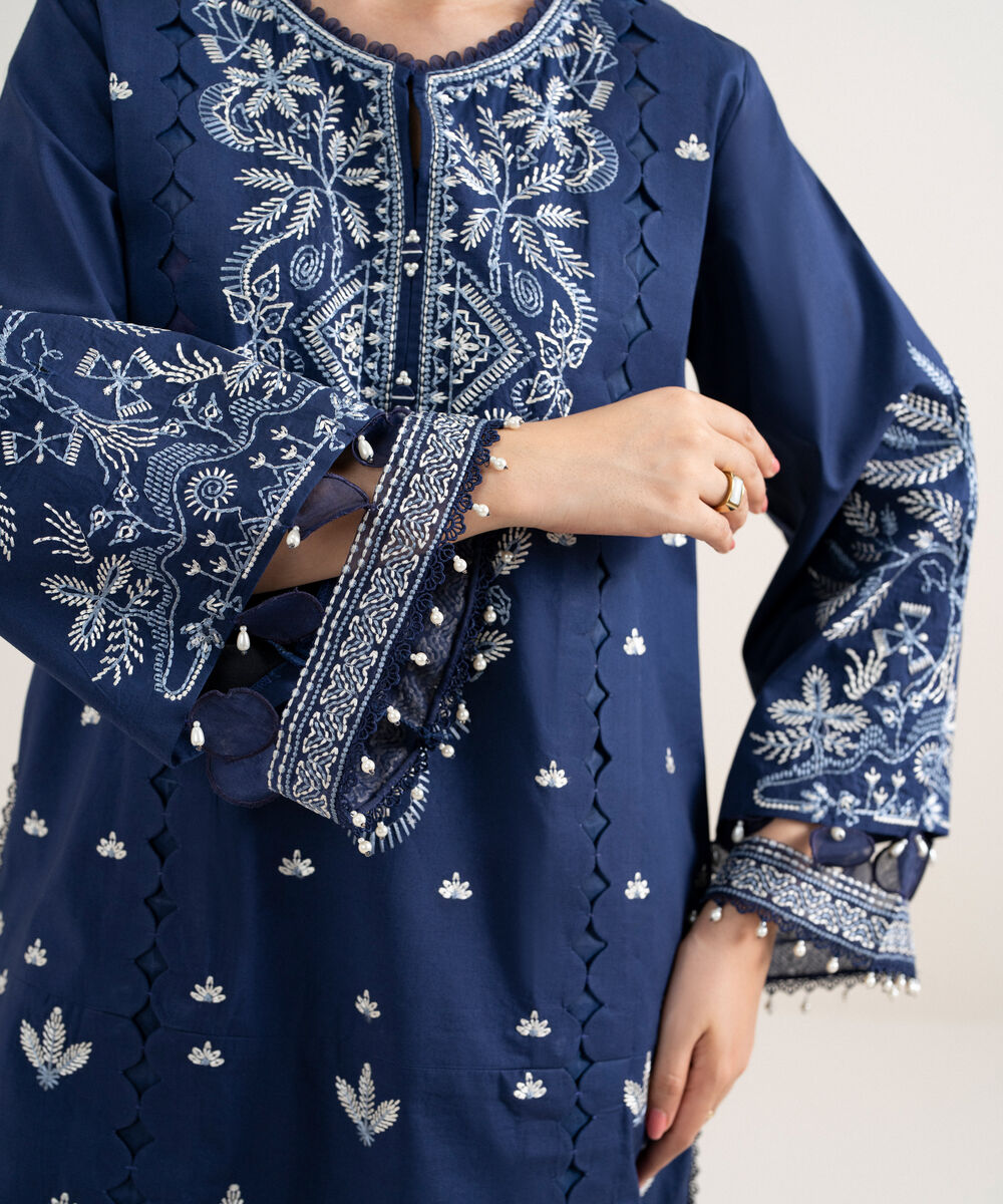 Women's Unstitched Cotton Embroidered Blue 3 Piece Suit