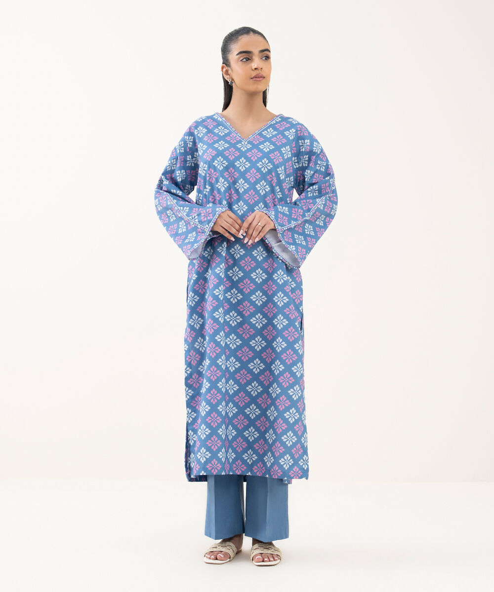 Women's Unstitched Cotton Printed Blue 2 Piece Suit