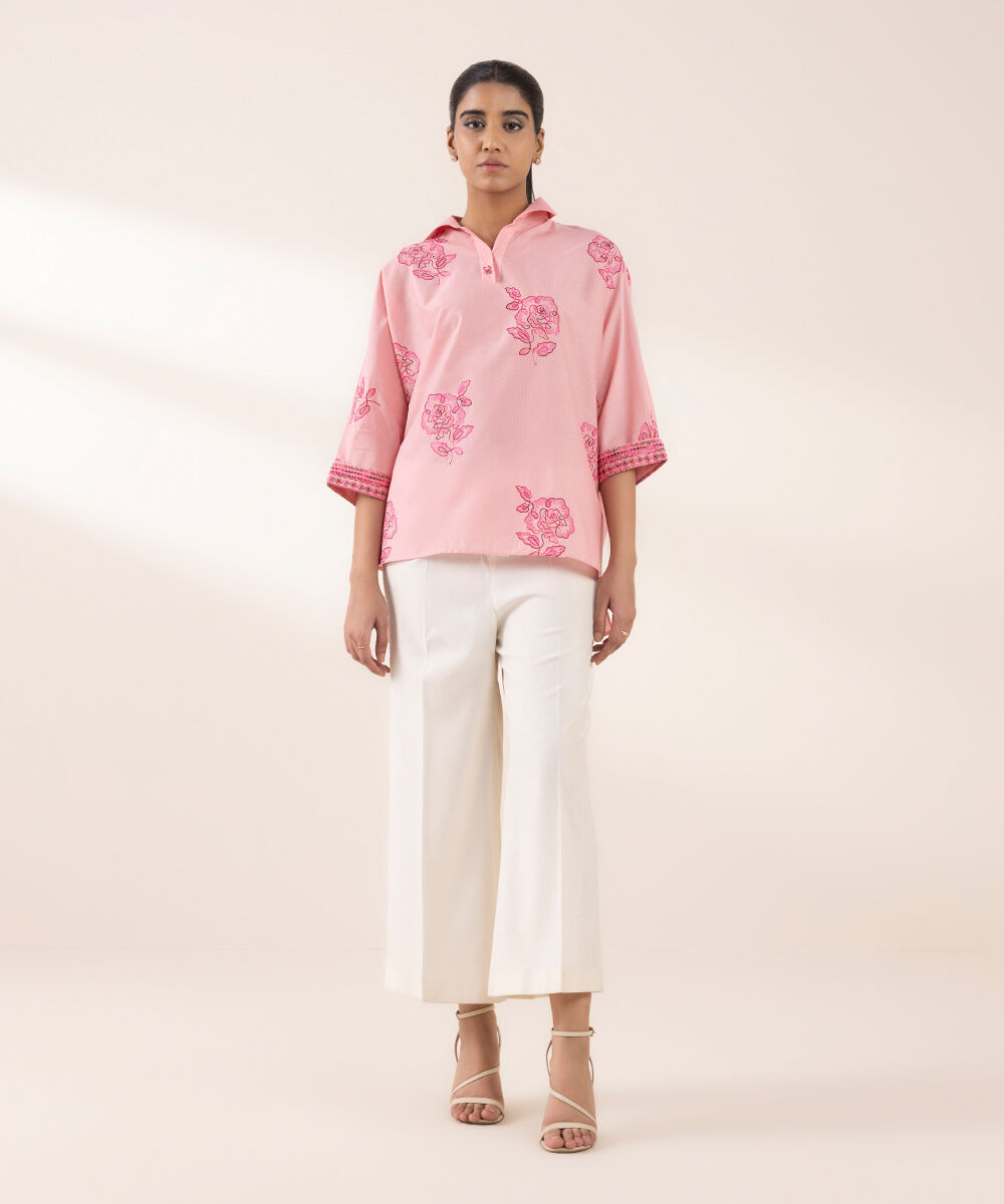Women's RTW Dobby Pink Embroidered Drop Shoulder Shirt